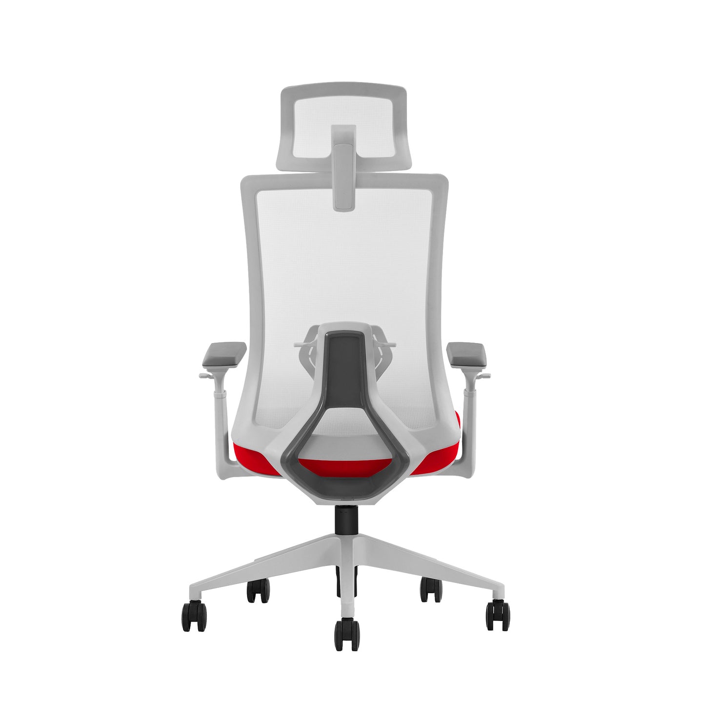 White ergonomic office chair lumbar support rear view