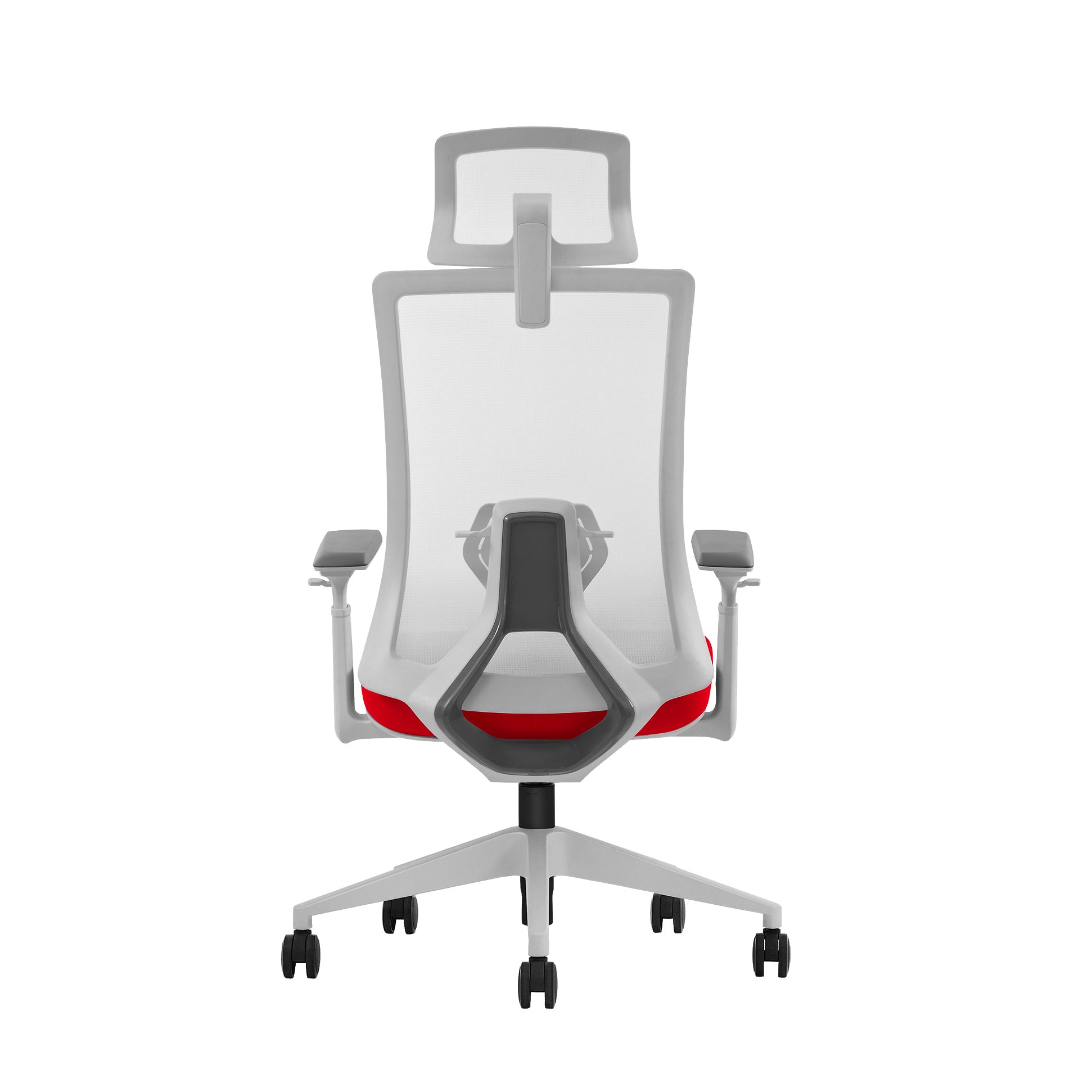 White ergonomic office chair lumbar support rear view