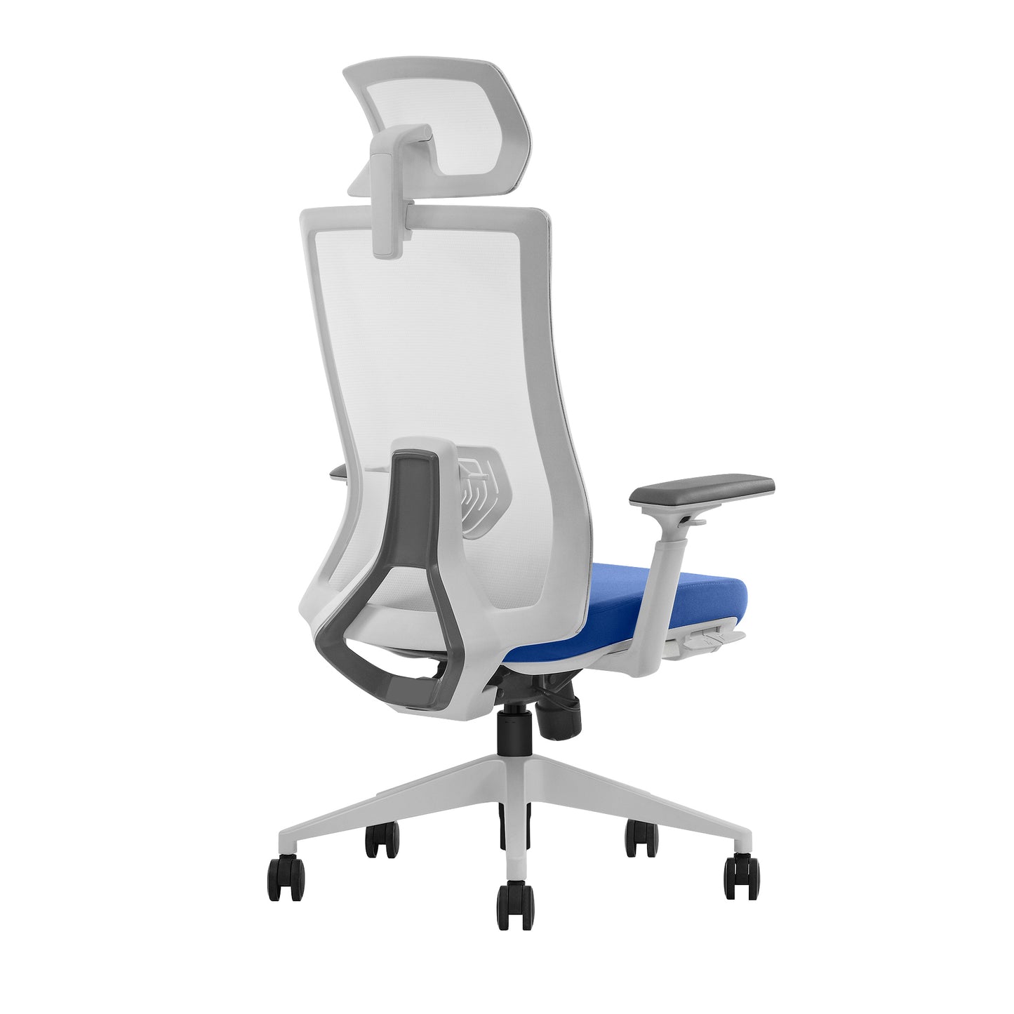White and blue ergonomic office chair Quartz rear angle