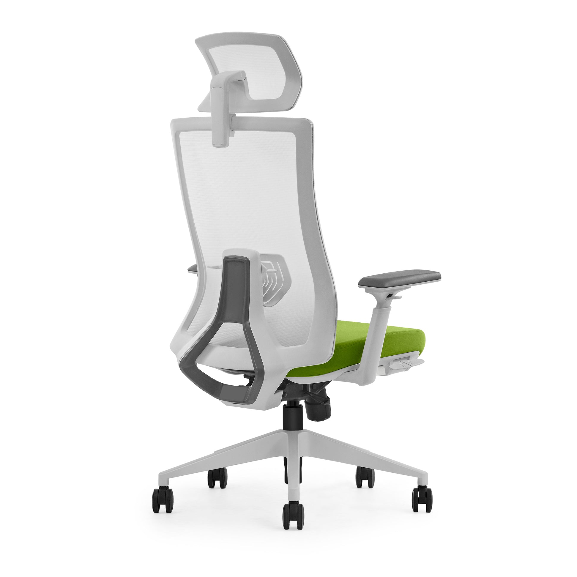 White and green office chair quartz rear angle view