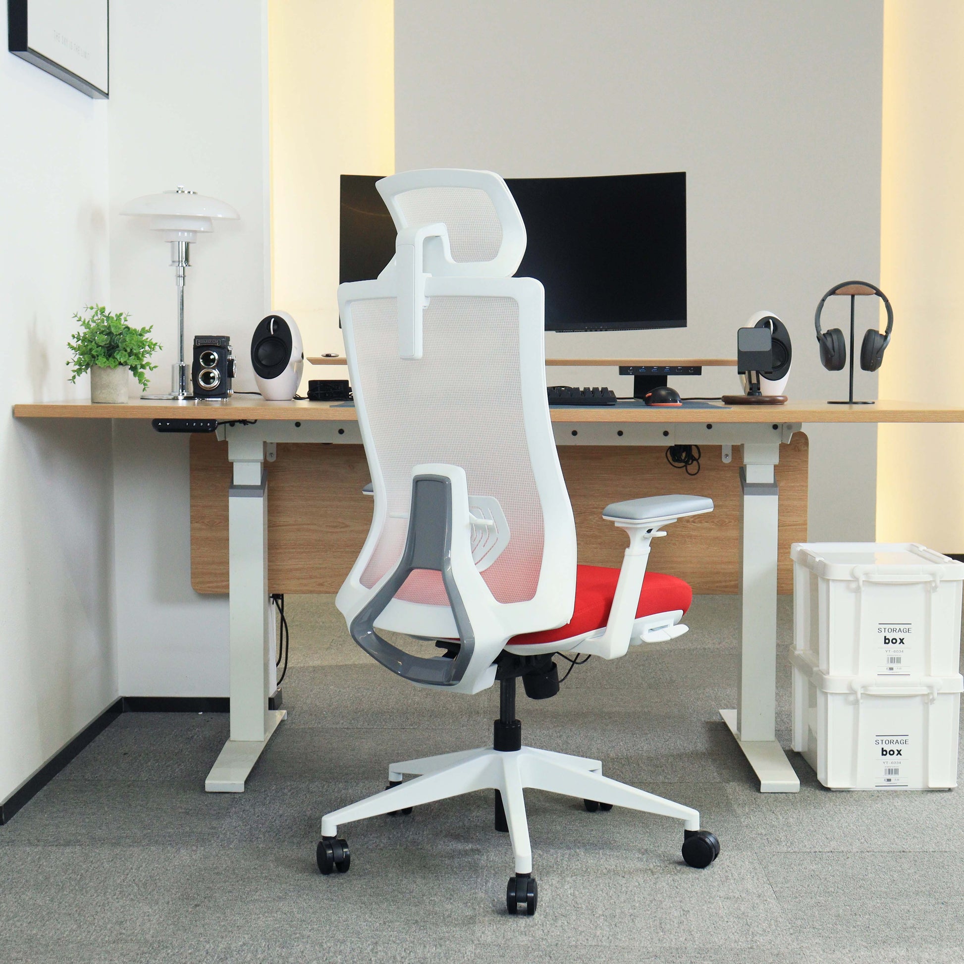 white and red office chair in modern office setup