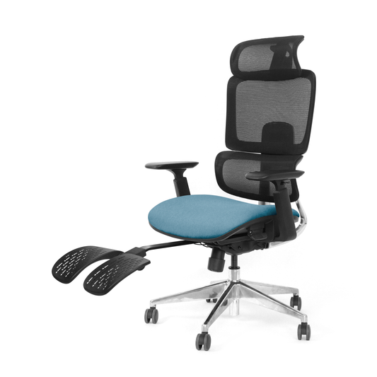 Blue triton office chair with footrest extended