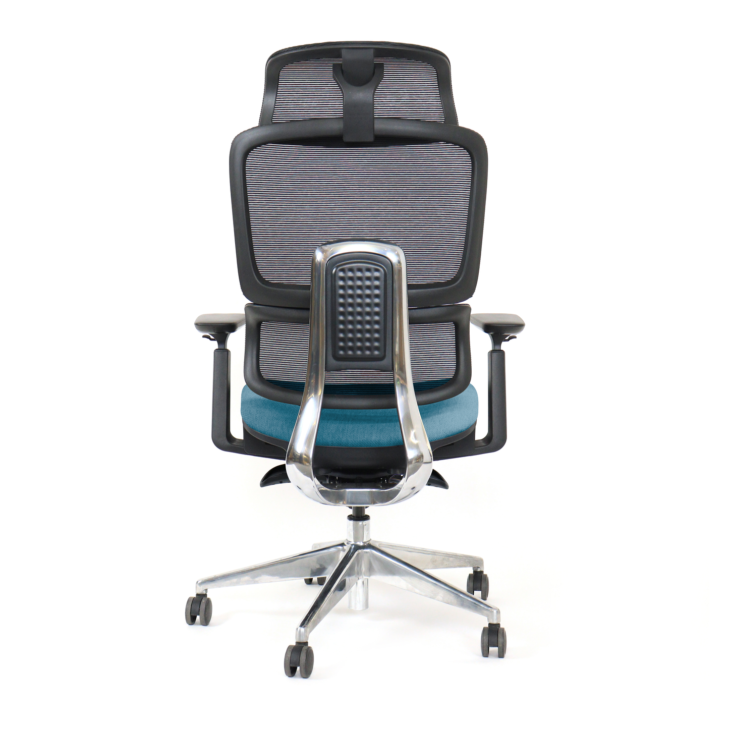 blue ergonomic office chair triton shiny metal support back view
