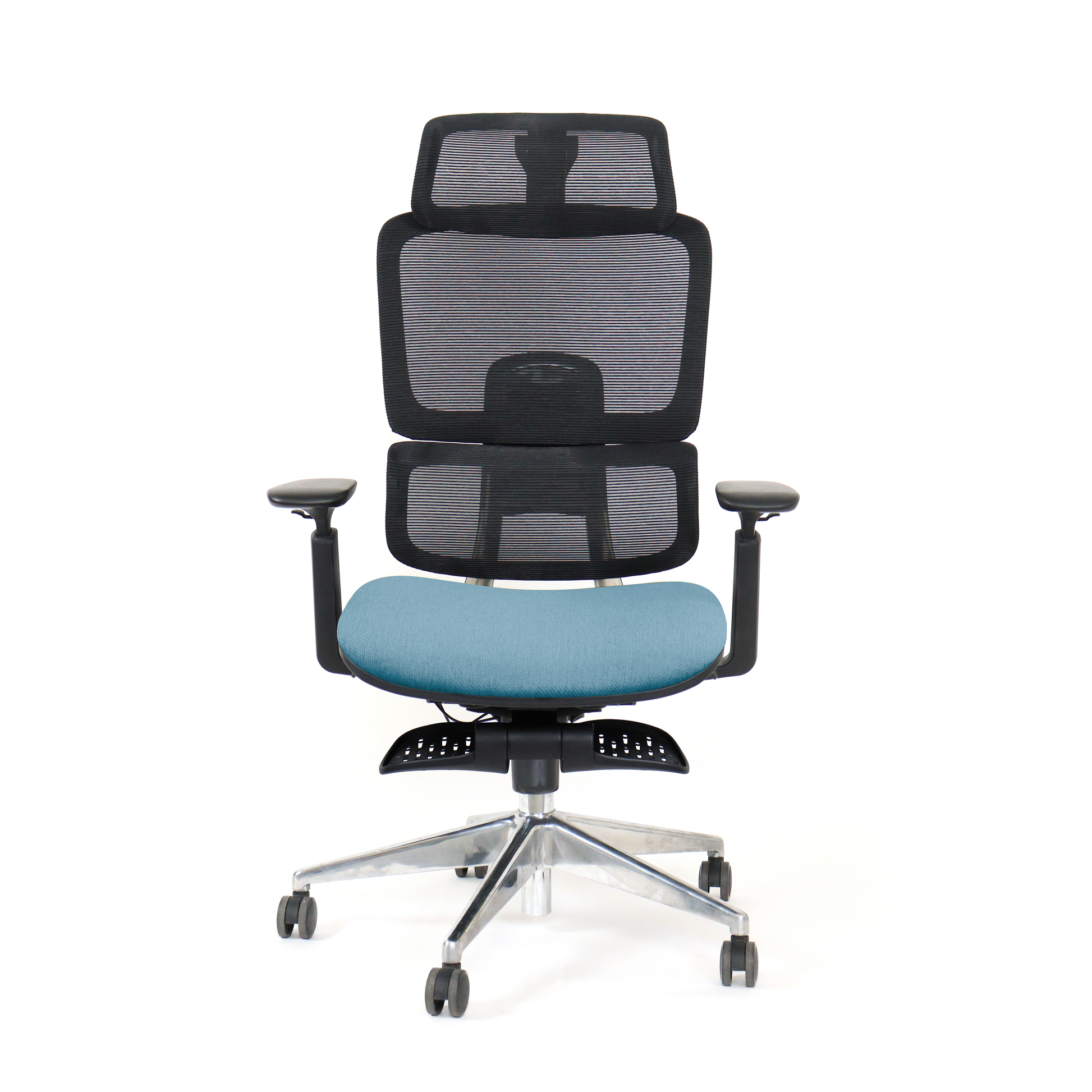 Blue Triton office chair with footrest facing forward.