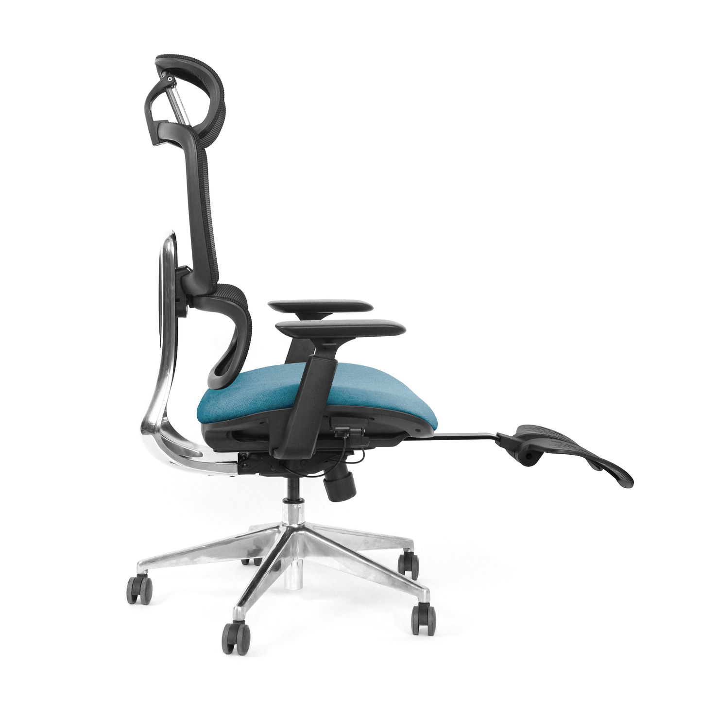 Blue Triton ergonomic office chair with footrest extended side view