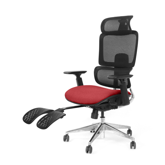 Red Triton ergonomic office chair with footrest extended