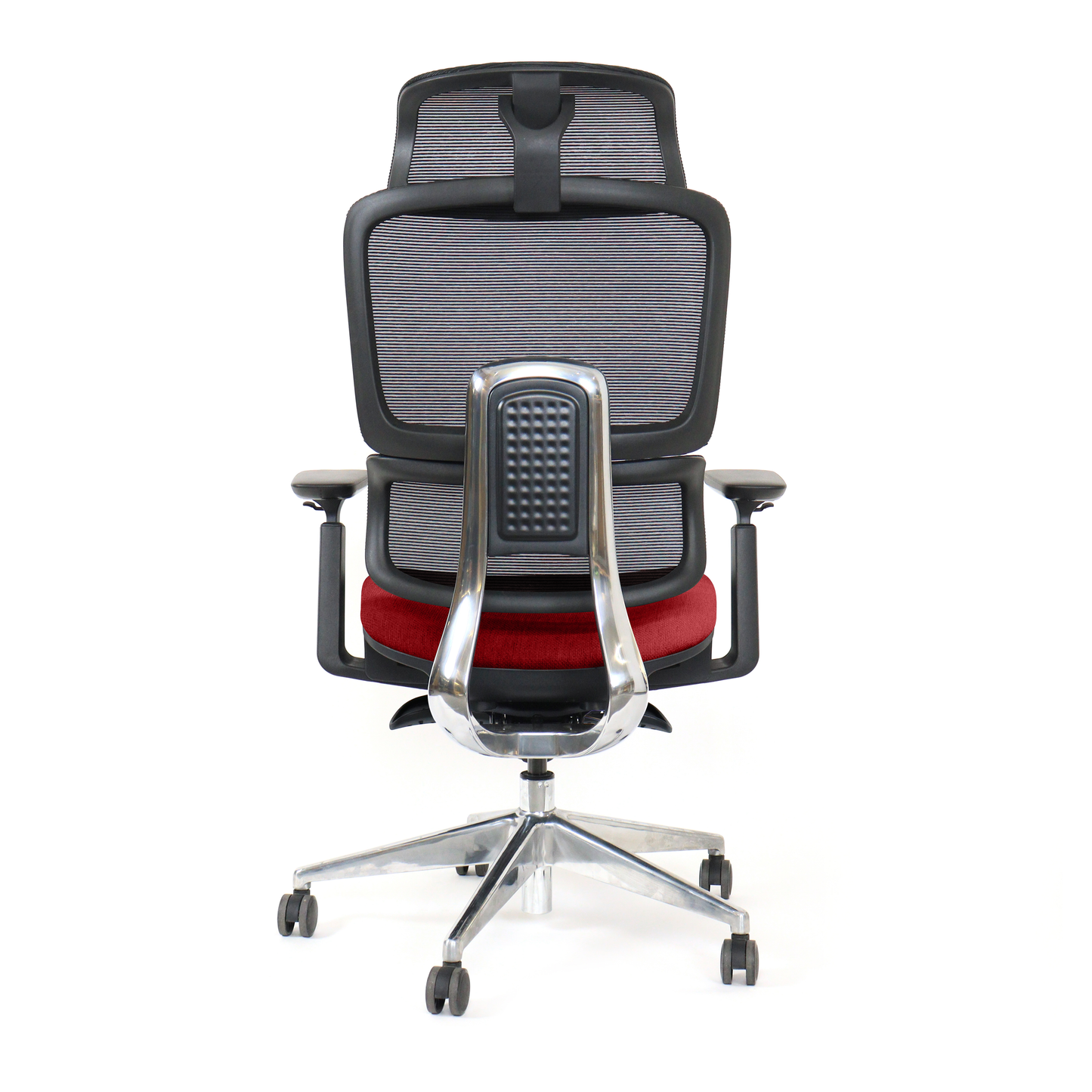 red ergonomic office chair Triton shiny metal support back view