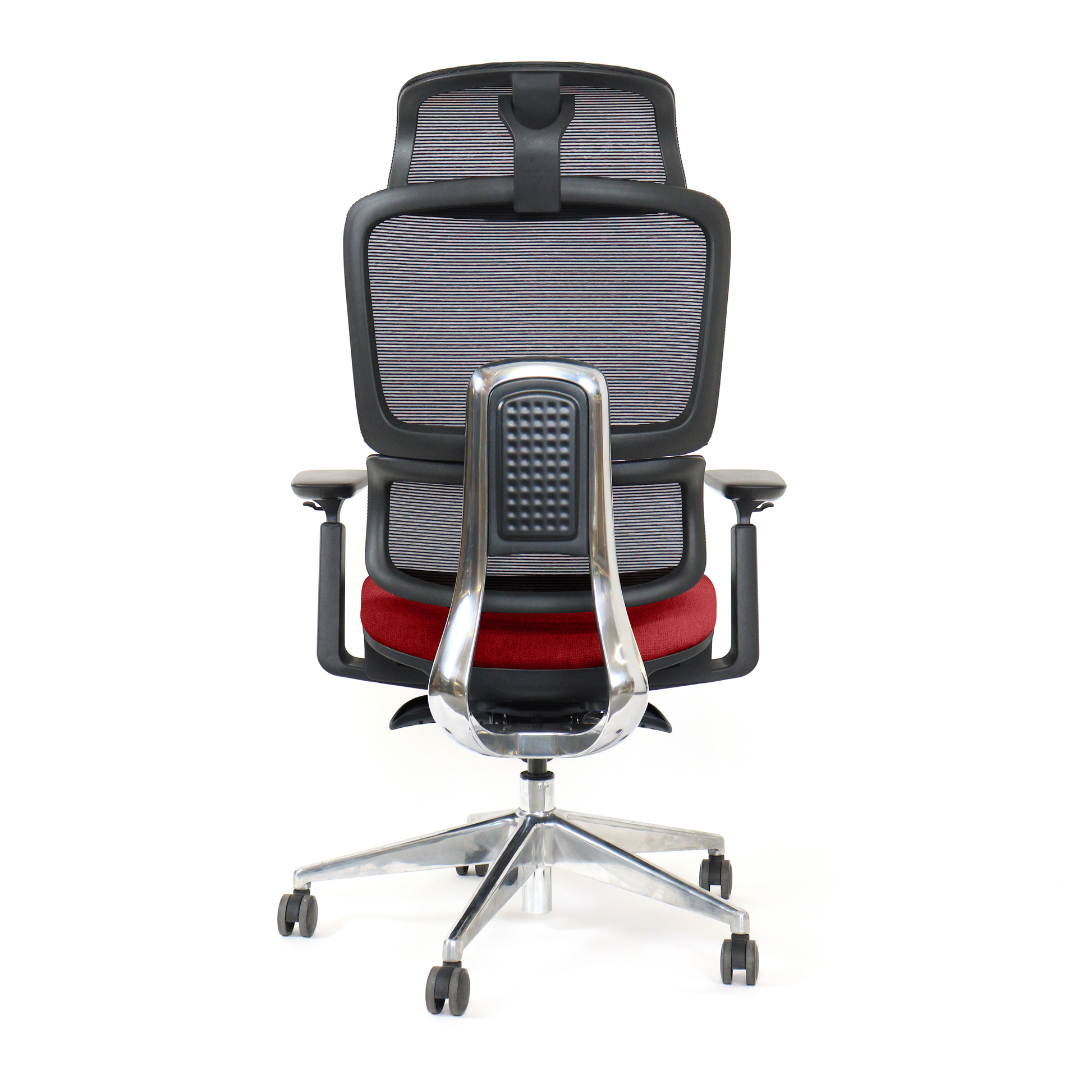 red ergonomic office chair Triton shiny metal support back view