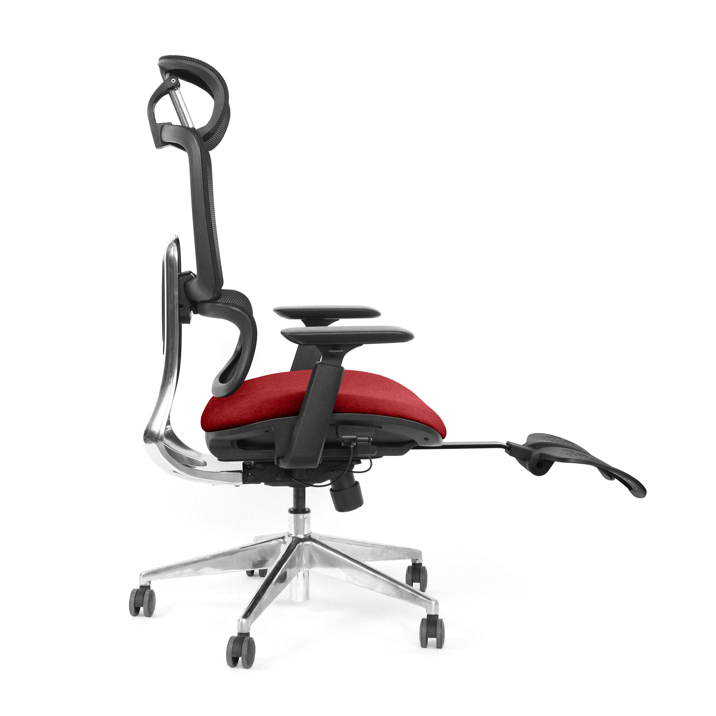 Red office chair Triton with footrest extended side view