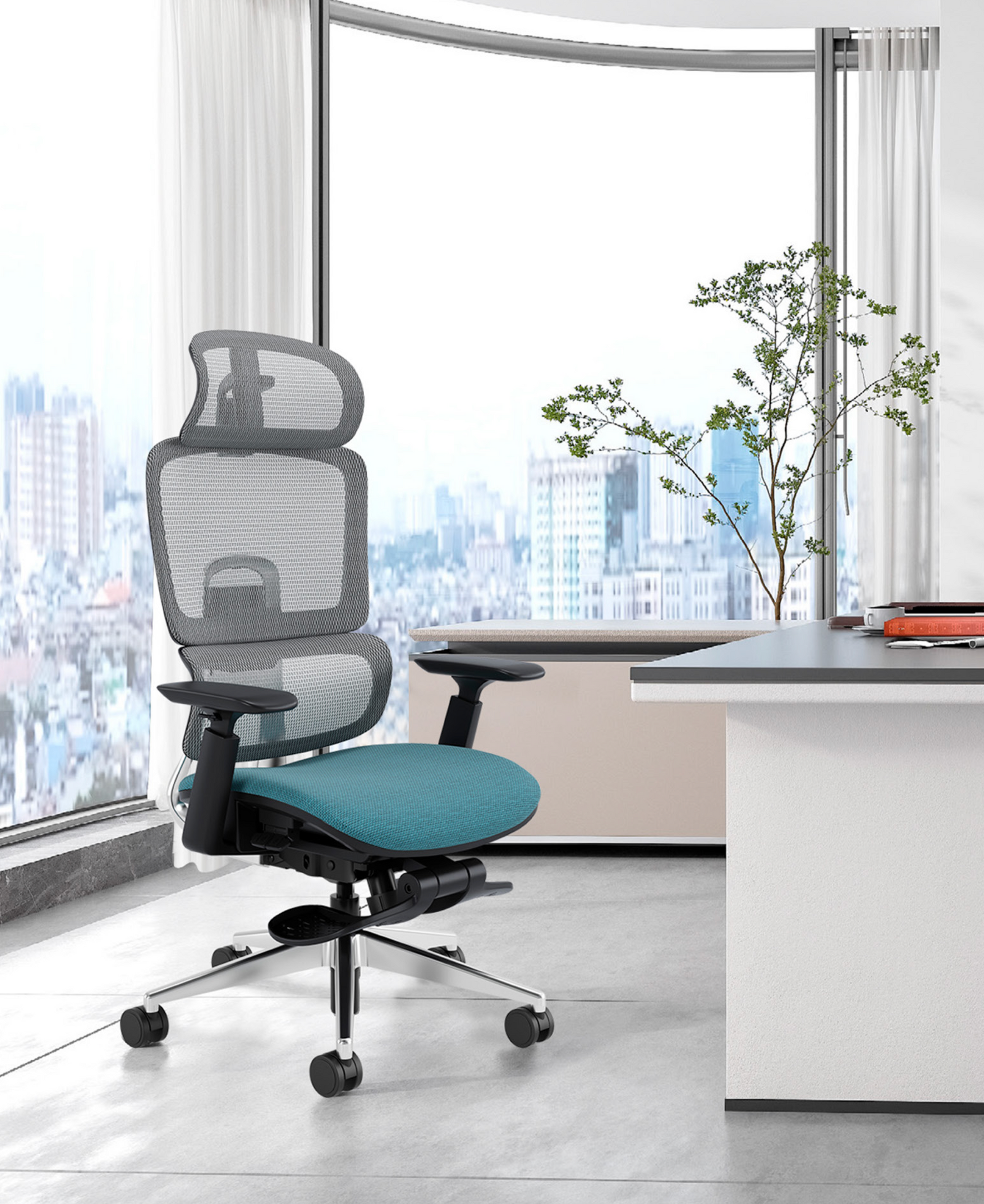 blue office chair with footrest not extended in modern office