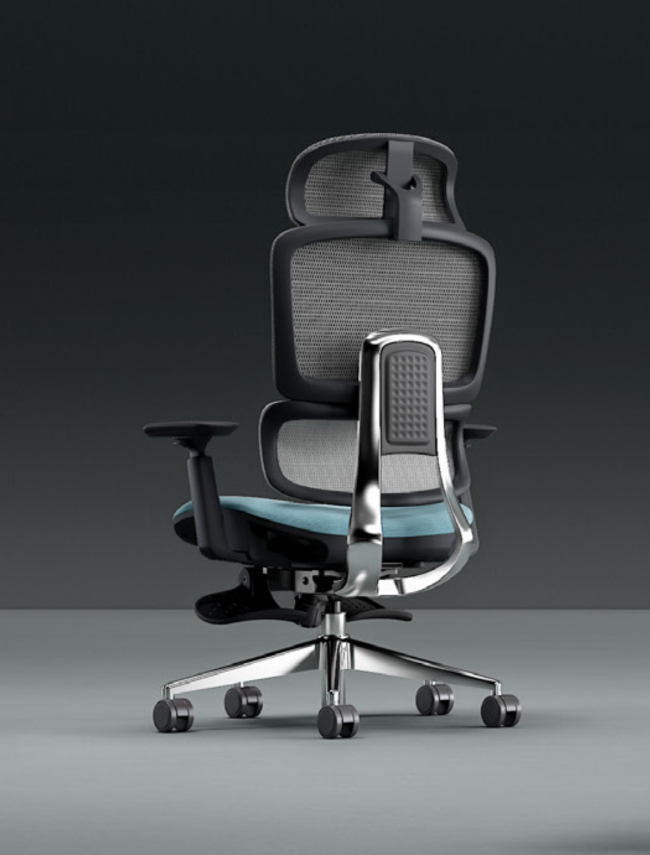 blue ergonomic office chair Triton shiny metal bracket support