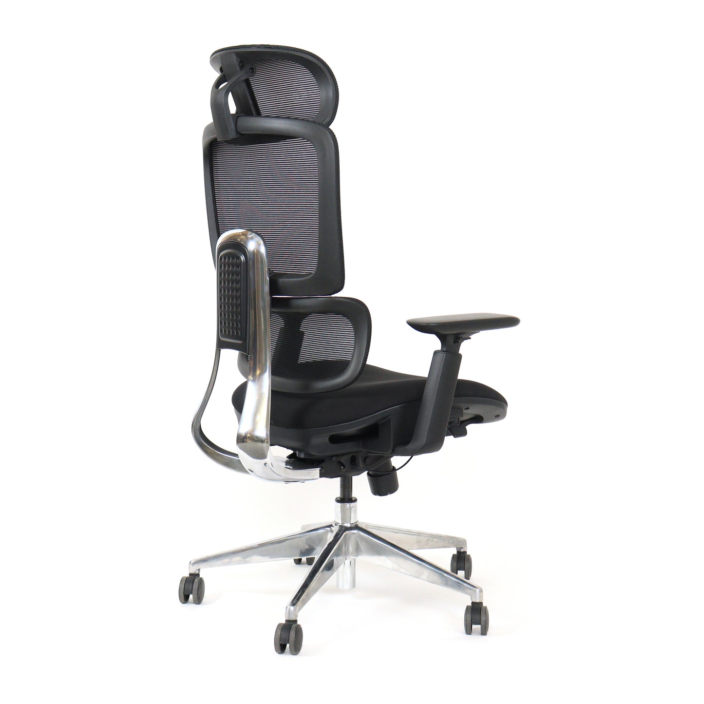 Black office chair Triton with shiny metal support bracket angle view
