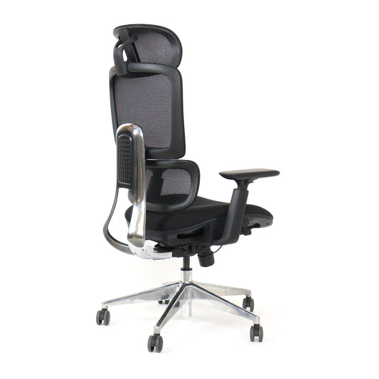 Black office chair Triton with shiny metal support bracket angle view