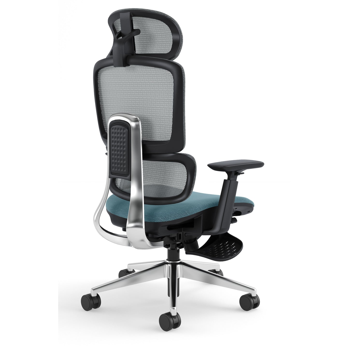 Blue Triton ergonomic office chair shiny metal support
